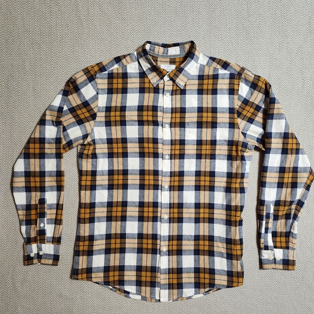 Sfera Men Plaid Button Down Shirt Large Mustard Navy Blue White Cotton Casual